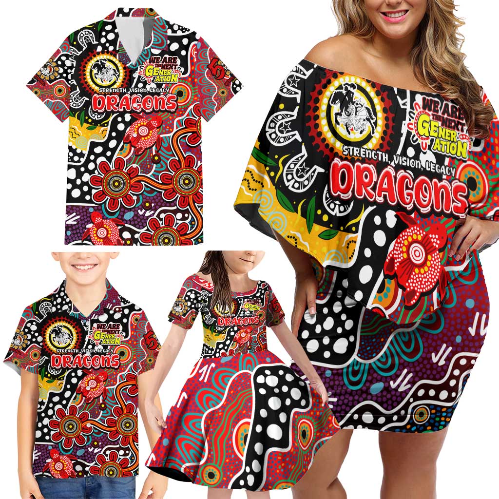Personalised Dragons NRL Celebrating 50 Years of Naidoc Family Matching Off Shoulder Short Dress and Hawaiian Shirt NAIDOC Week 2025 Aboriginal