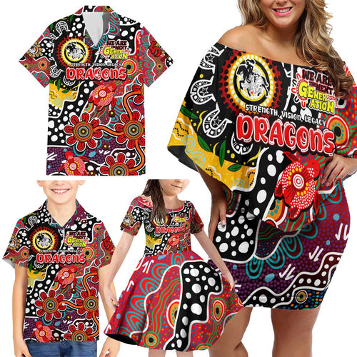 Personalised Dragons NRL Celebrating 50 Years of Naidoc Family Matching Off Shoulder Short Dress and Hawaiian Shirt NAIDOC Week 2025 Aboriginal