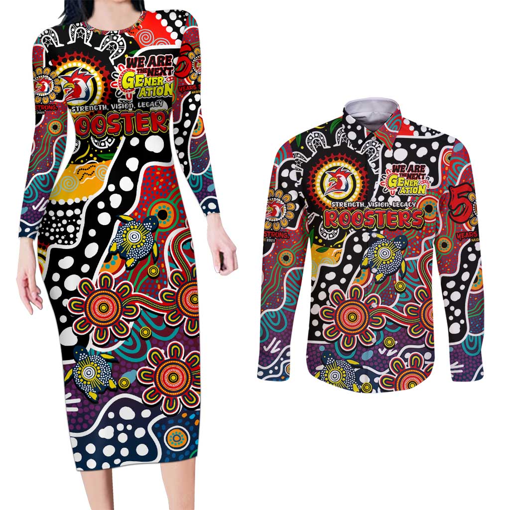 Personalised Roosters NRL Celebrating 50 Years of Naidoc Couples Matching Long Sleeve Bodycon Dress and Long Sleeve Button Shirt NAIDOC Week 2025 Aboriginal