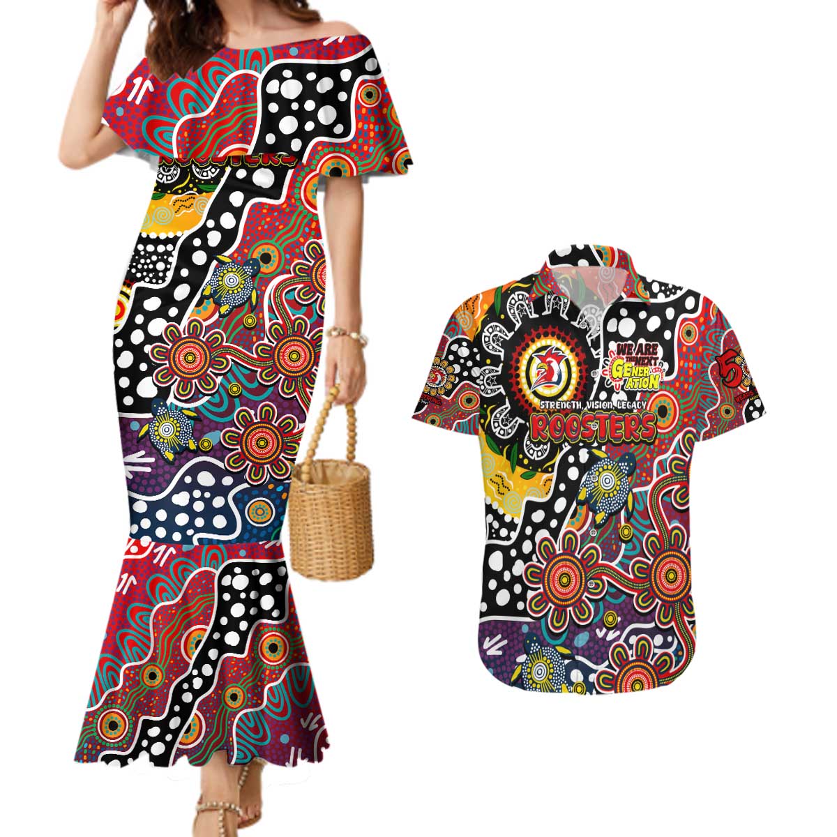 Personalised Roosters NRL Celebrating 50 Years of Naidoc Couples Matching Mermaid Dress and Hawaiian Shirt NAIDOC Week 2025 Aboriginal