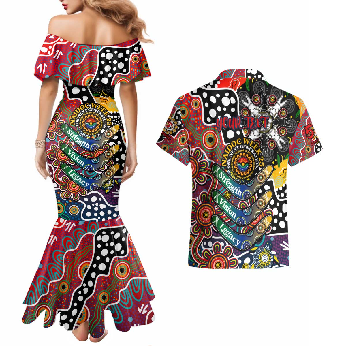 Personalised Roosters NRL Celebrating 50 Years of Naidoc Couples Matching Mermaid Dress and Hawaiian Shirt NAIDOC Week 2025 Aboriginal