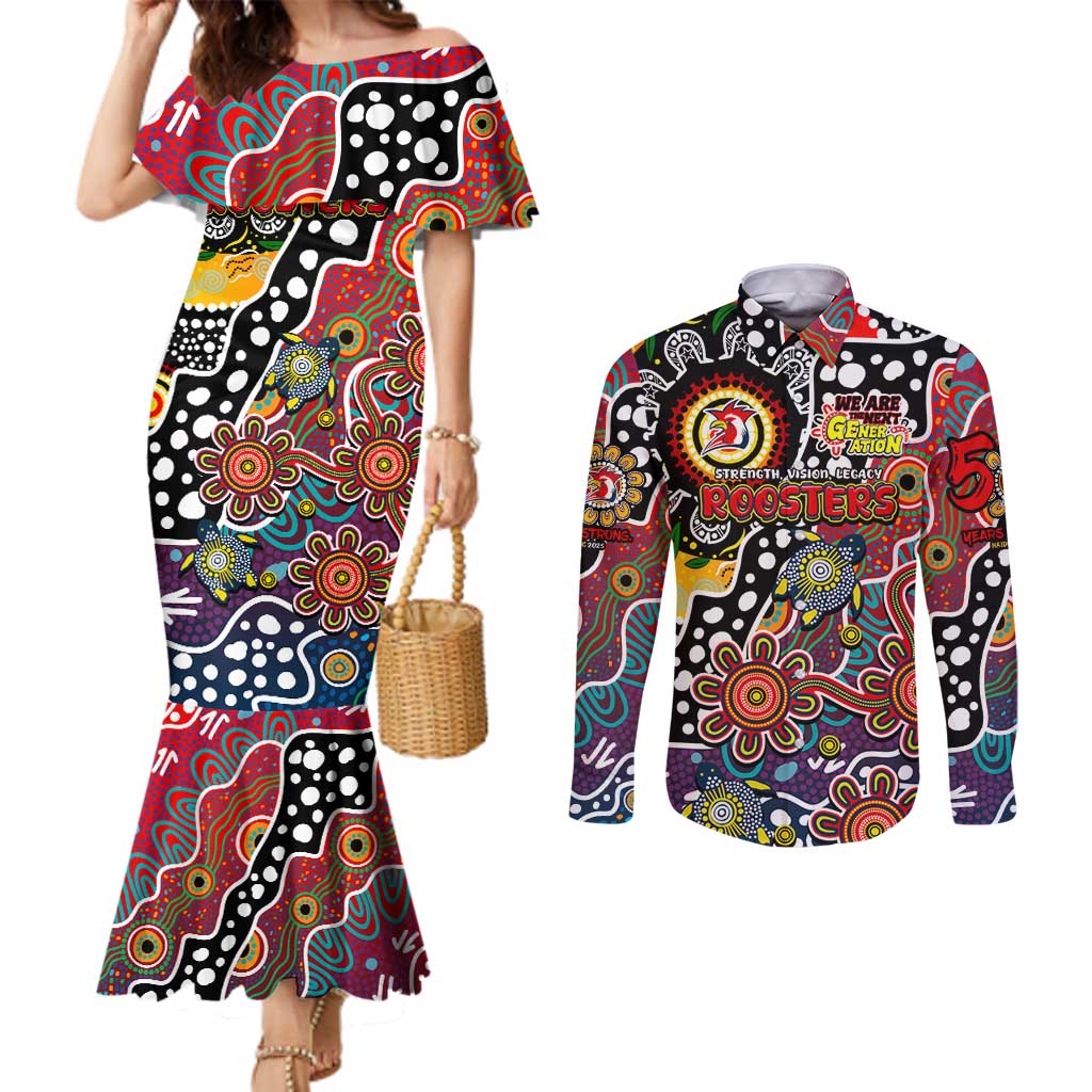 Personalised Roosters NRL Celebrating 50 Years of Naidoc Couples Matching Mermaid Dress and Long Sleeve Button Shirt NAIDOC Week 2025 Aboriginal