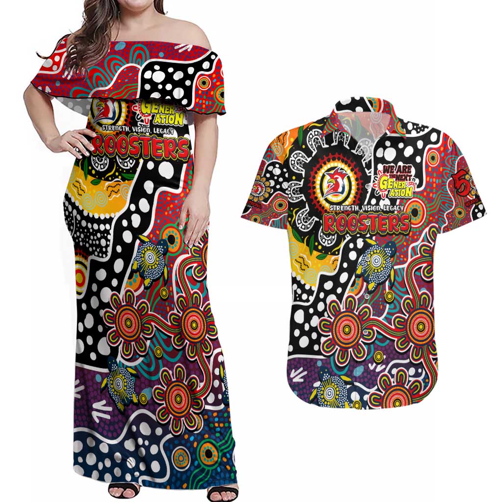 Personalised Roosters NRL Celebrating 50 Years of Naidoc Couples Matching Off Shoulder Maxi Dress and Hawaiian Shirt NAIDOC Week 2025 Aboriginal