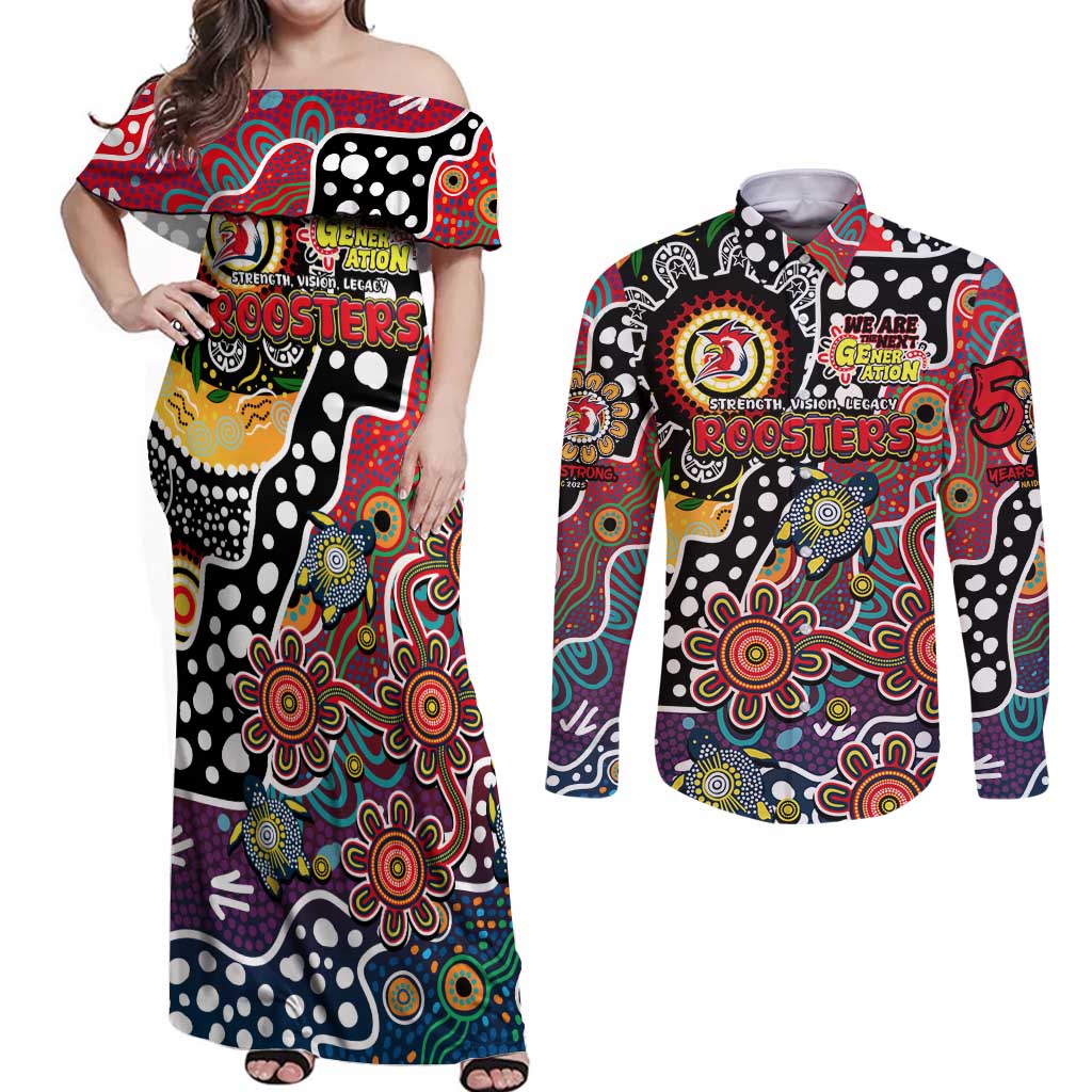 Personalised Roosters NRL Celebrating 50 Years of Naidoc Couples Matching Off Shoulder Maxi Dress and Long Sleeve Button Shirt NAIDOC Week 2025 Aboriginal