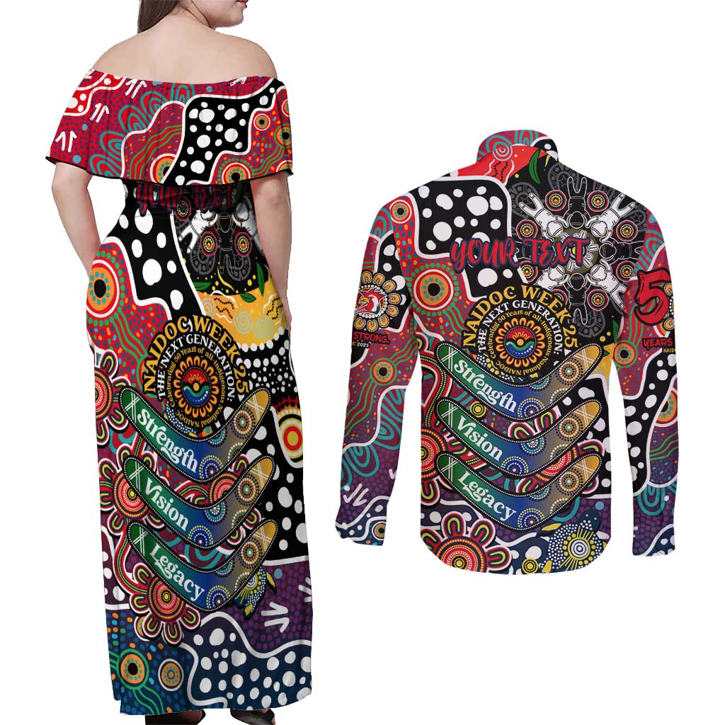 Personalised Roosters NRL Celebrating 50 Years of Naidoc Couples Matching Off Shoulder Maxi Dress and Long Sleeve Button Shirt NAIDOC Week 2025 Aboriginal