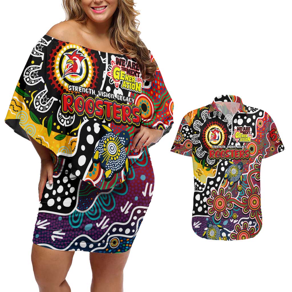 Personalised Roosters NRL Celebrating 50 Years of Naidoc Couples Matching Off Shoulder Short Dress and Hawaiian Shirt NAIDOC Week 2025 Aboriginal