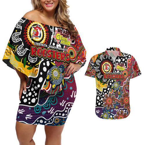 Personalised Roosters NRL Celebrating 50 Years of Naidoc Couples Matching Off Shoulder Short Dress and Hawaiian Shirt NAIDOC Week 2025 Aboriginal
