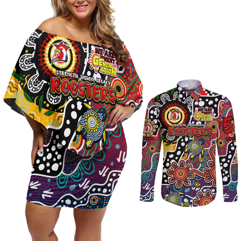 Personalised Roosters NRL Celebrating 50 Years of Naidoc Couples Matching Off Shoulder Short Dress and Long Sleeve Button Shirt NAIDOC Week 2025 Aboriginal