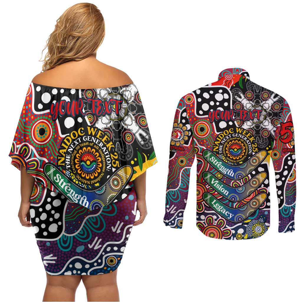 Personalised Roosters NRL Celebrating 50 Years of Naidoc Couples Matching Off Shoulder Short Dress and Long Sleeve Button Shirt NAIDOC Week 2025 Aboriginal