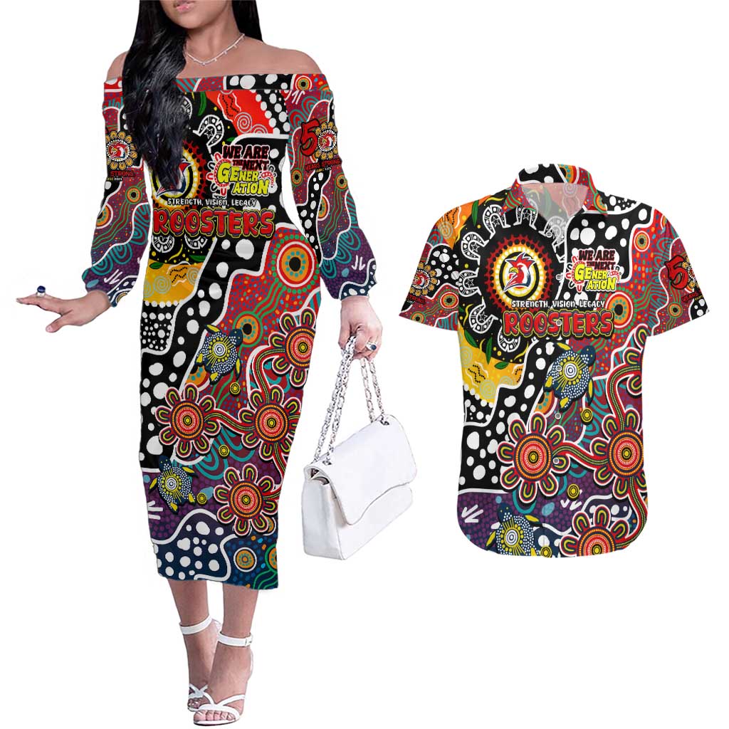 Personalised Roosters NRL Celebrating 50 Years of Naidoc Couples Matching Off The Shoulder Long Sleeve Dress and Hawaiian Shirt NAIDOC Week 2025 Aboriginal