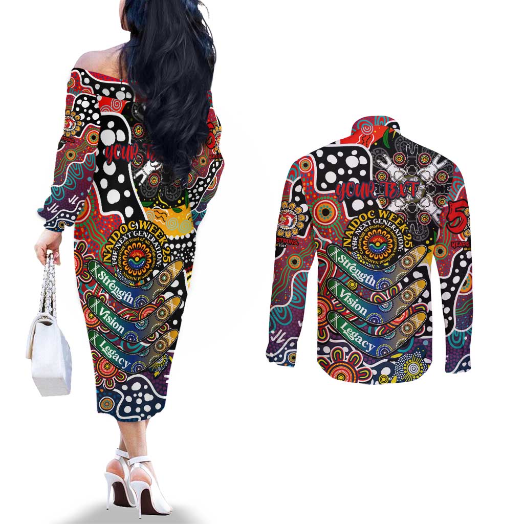 Personalised Roosters NRL Celebrating 50 Years of Naidoc Couples Matching Off The Shoulder Long Sleeve Dress and Long Sleeve Button Shirt NAIDOC Week 2025 Aboriginal