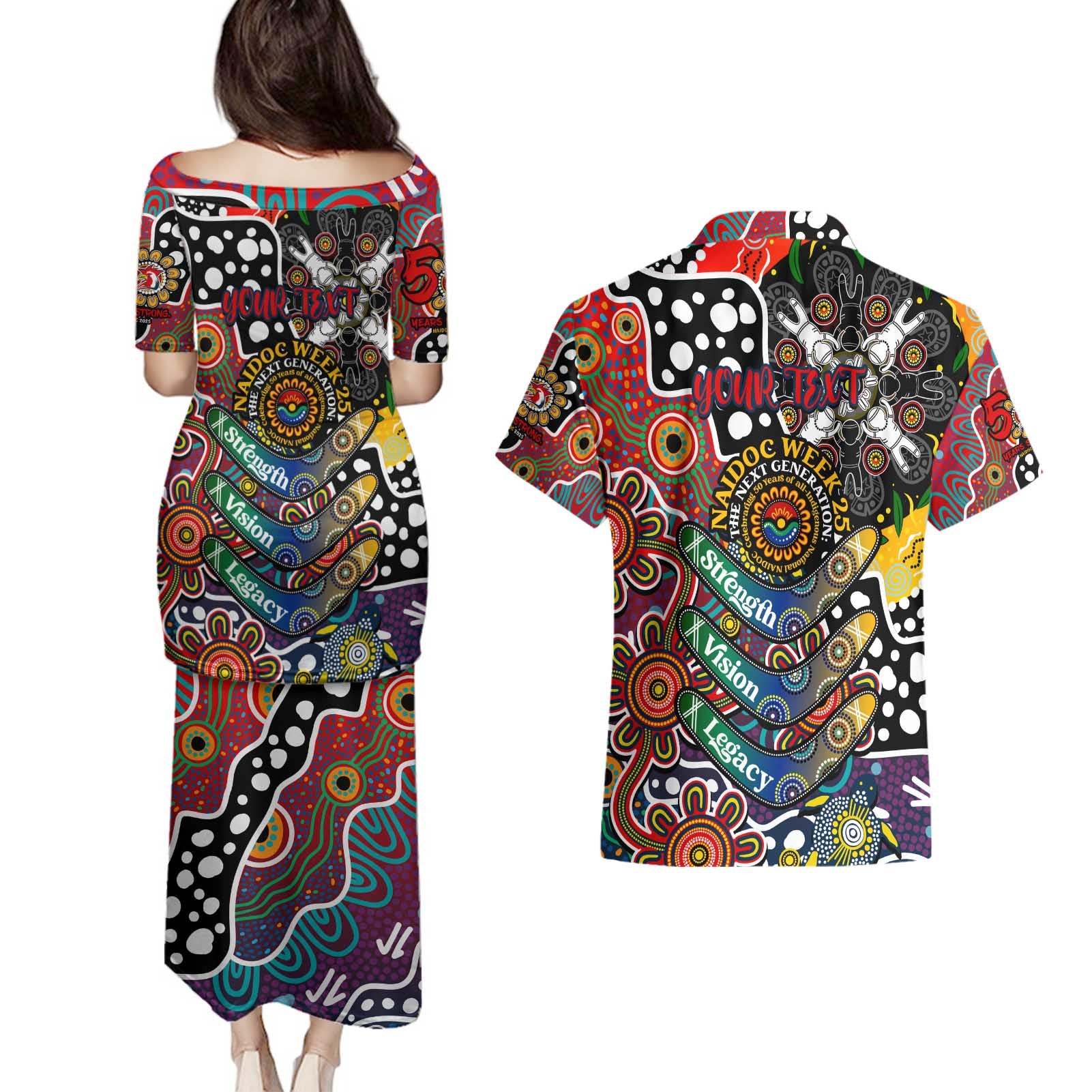 Personalised Roosters NRL Celebrating 50 Years of Naidoc Couples Matching Puletasi and Hawaiian Shirt NAIDOC Week 2025 Aboriginal