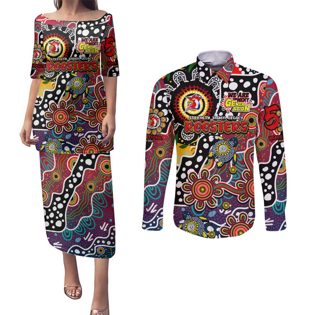 Personalised Roosters NRL Celebrating 50 Years of Naidoc Couples Matching Puletasi and Long Sleeve Button Shirt NAIDOC Week 2025 Aboriginal