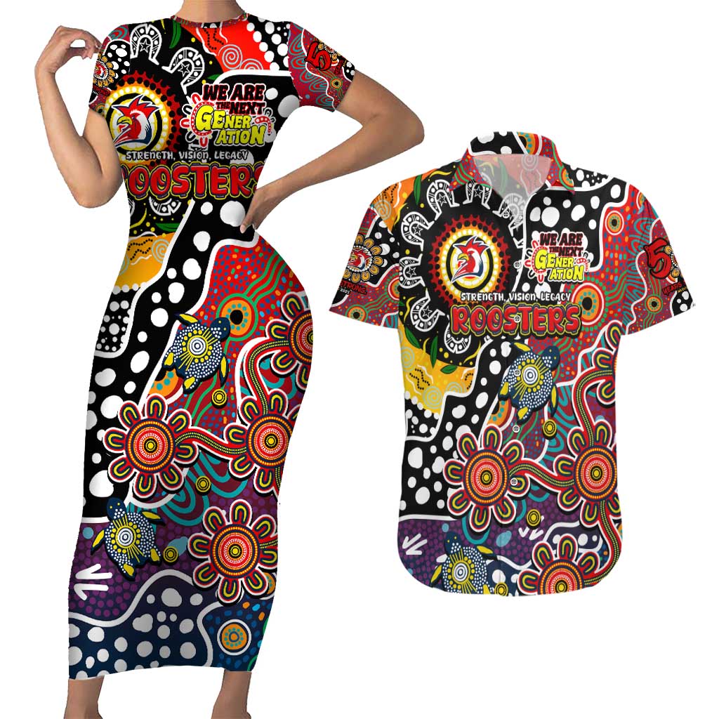 Personalised Roosters NRL Celebrating 50 Years of Naidoc Couples Matching Short Sleeve Bodycon Dress and Hawaiian Shirt NAIDOC Week 2025 Aboriginal