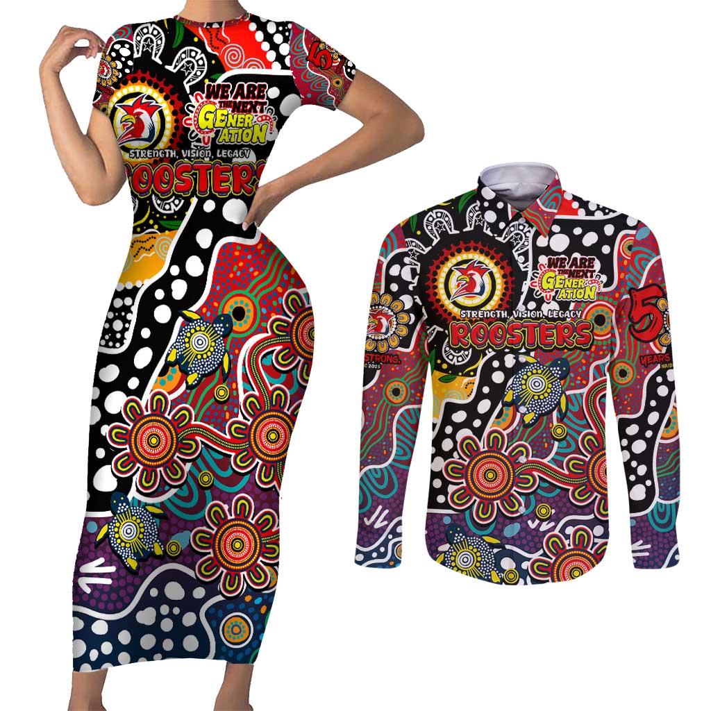 Personalised Roosters NRL Celebrating 50 Years of Naidoc Couples Matching Short Sleeve Bodycon Dress and Long Sleeve Button Shirt NAIDOC Week 2025 Aboriginal
