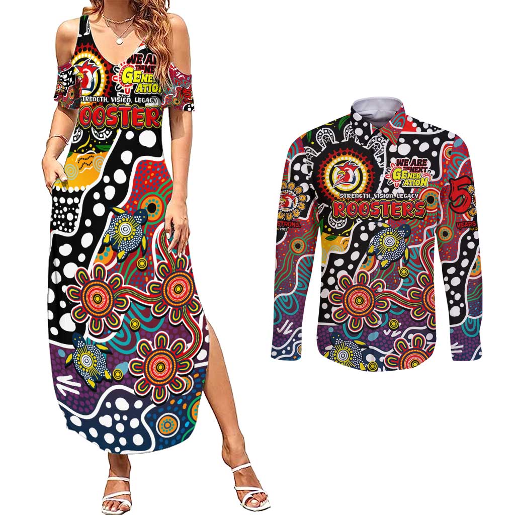 Personalised Roosters NRL Celebrating 50 Years of Naidoc Couples Matching Summer Maxi Dress and Long Sleeve Button Shirt NAIDOC Week 2025 Aboriginal