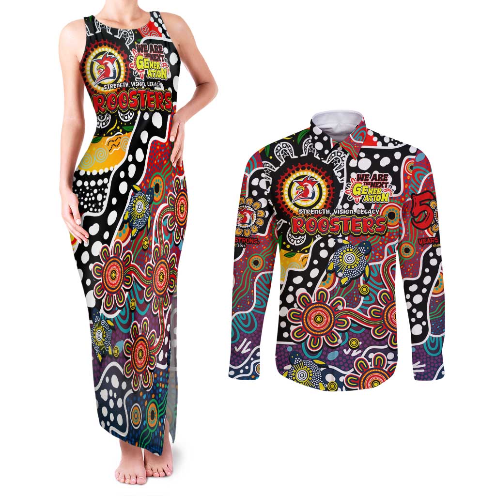 Personalised Roosters NRL Celebrating 50 Years of Naidoc Couples Matching Tank Maxi Dress and Long Sleeve Button Shirt NAIDOC Week 2025 Aboriginal