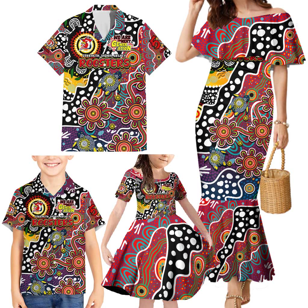 Personalised Roosters NRL Celebrating 50 Years of Naidoc Family Matching Mermaid Dress and Hawaiian Shirt NAIDOC Week 2025 Aboriginal