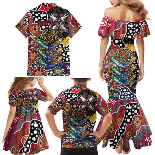 Personalised Roosters NRL Celebrating 50 Years of Naidoc Family Matching Mermaid Dress and Hawaiian Shirt NAIDOC Week 2025 Aboriginal