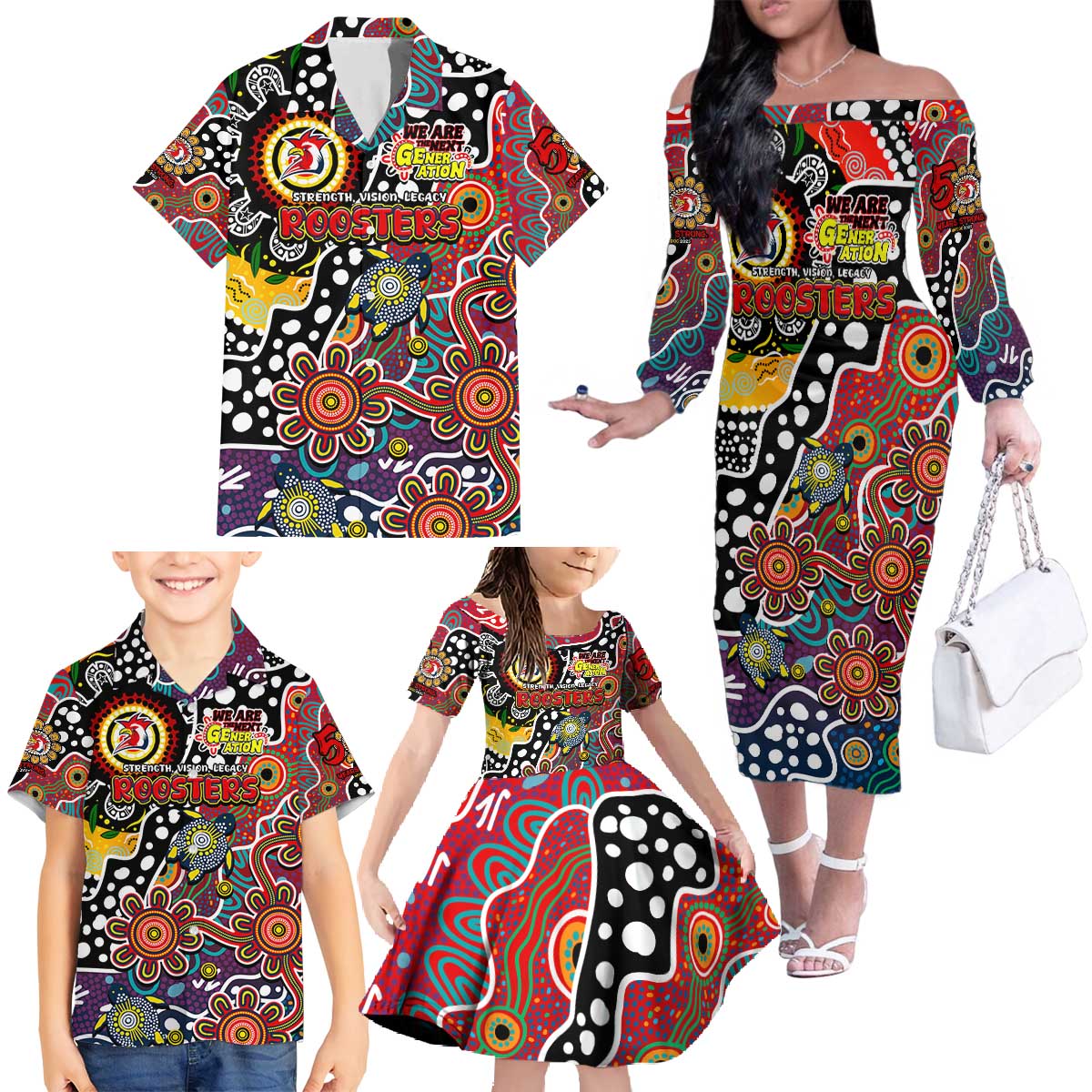 Personalised Roosters NRL Celebrating 50 Years of Naidoc Family Matching Off The Shoulder Long Sleeve Dress and Hawaiian Shirt NAIDOC Week 2025 Aboriginal