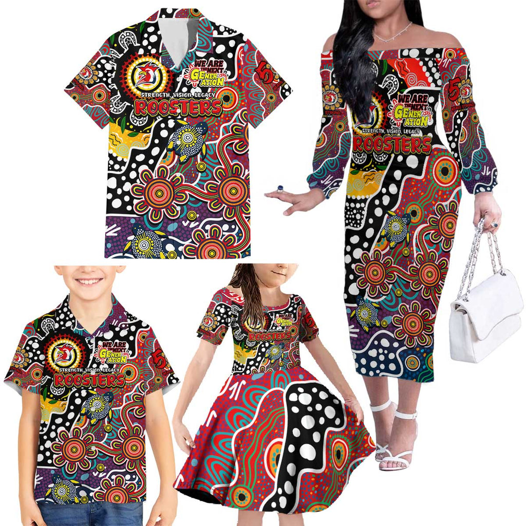 Personalised Roosters NRL Celebrating 50 Years of Naidoc Family Matching Off The Shoulder Long Sleeve Dress and Hawaiian Shirt NAIDOC Week 2025 Aboriginal