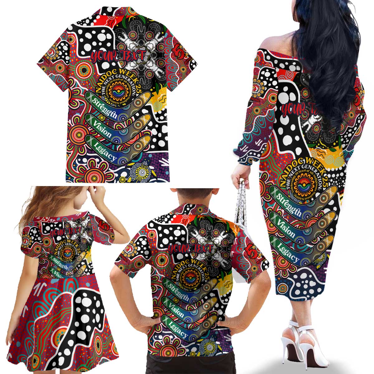Personalised Roosters NRL Celebrating 50 Years of Naidoc Family Matching Off The Shoulder Long Sleeve Dress and Hawaiian Shirt NAIDOC Week 2025 Aboriginal