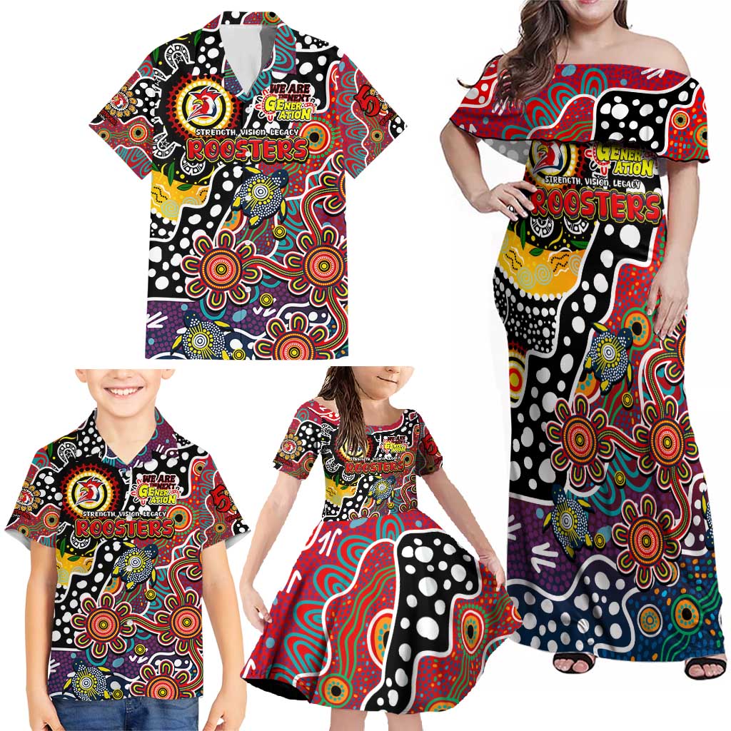 Personalised Roosters NRL Celebrating 50 Years of Naidoc Family Matching Off Shoulder Maxi Dress and Hawaiian Shirt NAIDOC Week 2025 Aboriginal
