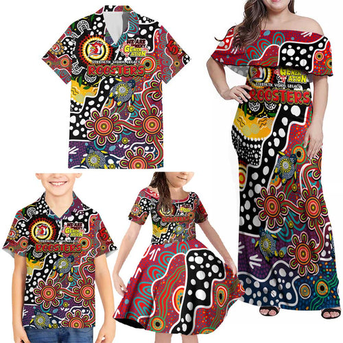 Personalised Roosters NRL Celebrating 50 Years of Naidoc Family Matching Off Shoulder Maxi Dress and Hawaiian Shirt NAIDOC Week 2025 Aboriginal