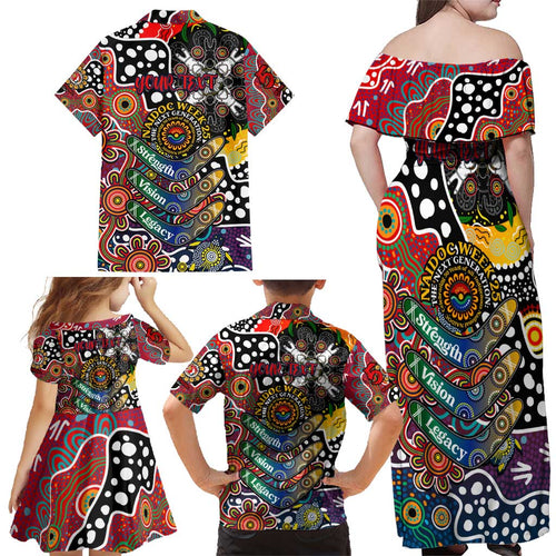 Personalised Roosters NRL Celebrating 50 Years of Naidoc Family Matching Off Shoulder Maxi Dress and Hawaiian Shirt NAIDOC Week 2025 Aboriginal
