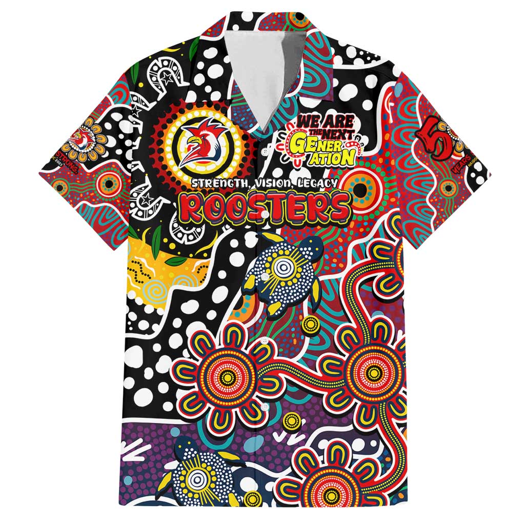 Personalised Roosters NRL Celebrating 50 Years of Naidoc Family Matching Off Shoulder Maxi Dress and Hawaiian Shirt NAIDOC Week 2025 Aboriginal