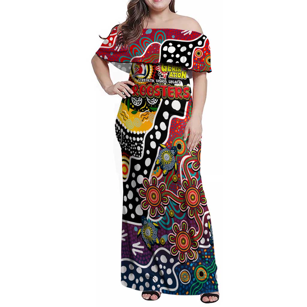 Personalised Roosters NRL Celebrating 50 Years of Naidoc Family Matching Off Shoulder Maxi Dress and Hawaiian Shirt NAIDOC Week 2025 Aboriginal