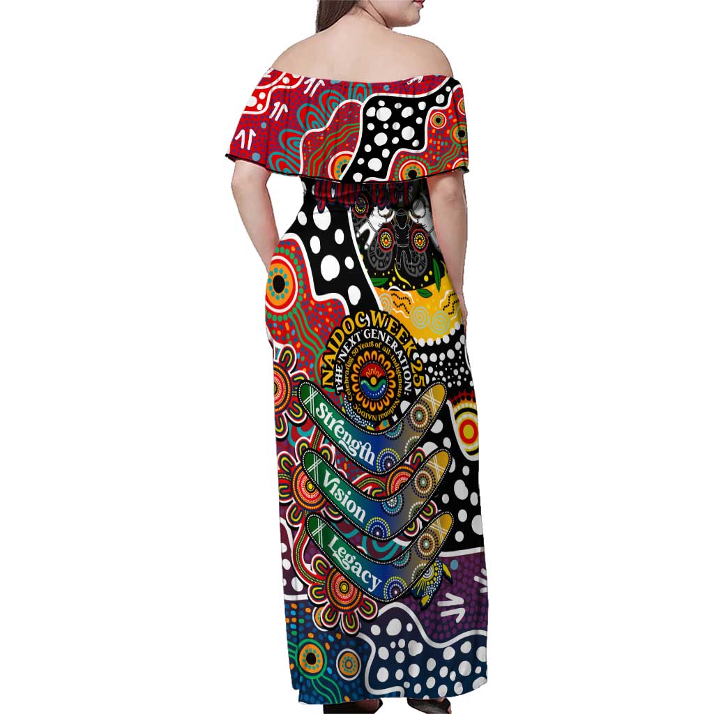 Personalised Roosters NRL Celebrating 50 Years of Naidoc Family Matching Off Shoulder Maxi Dress and Hawaiian Shirt NAIDOC Week 2025 Aboriginal