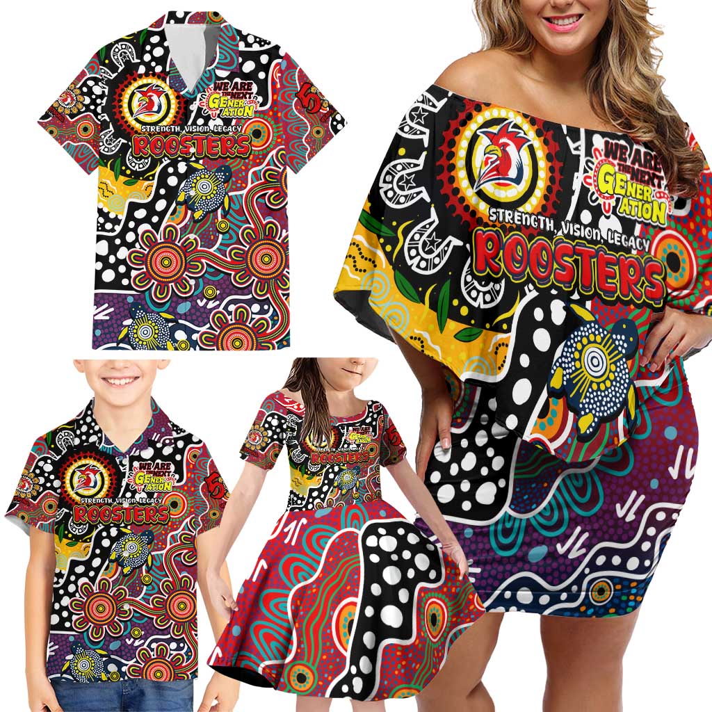 Personalised Roosters NRL Celebrating 50 Years of Naidoc Family Matching Off Shoulder Short Dress and Hawaiian Shirt NAIDOC Week 2025 Aboriginal