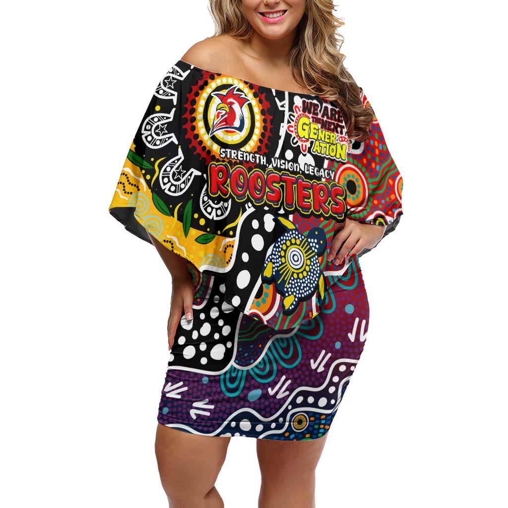 Personalised Roosters NRL Celebrating 50 Years of Naidoc Family Matching Off Shoulder Short Dress and Hawaiian Shirt NAIDOC Week 2025 Aboriginal