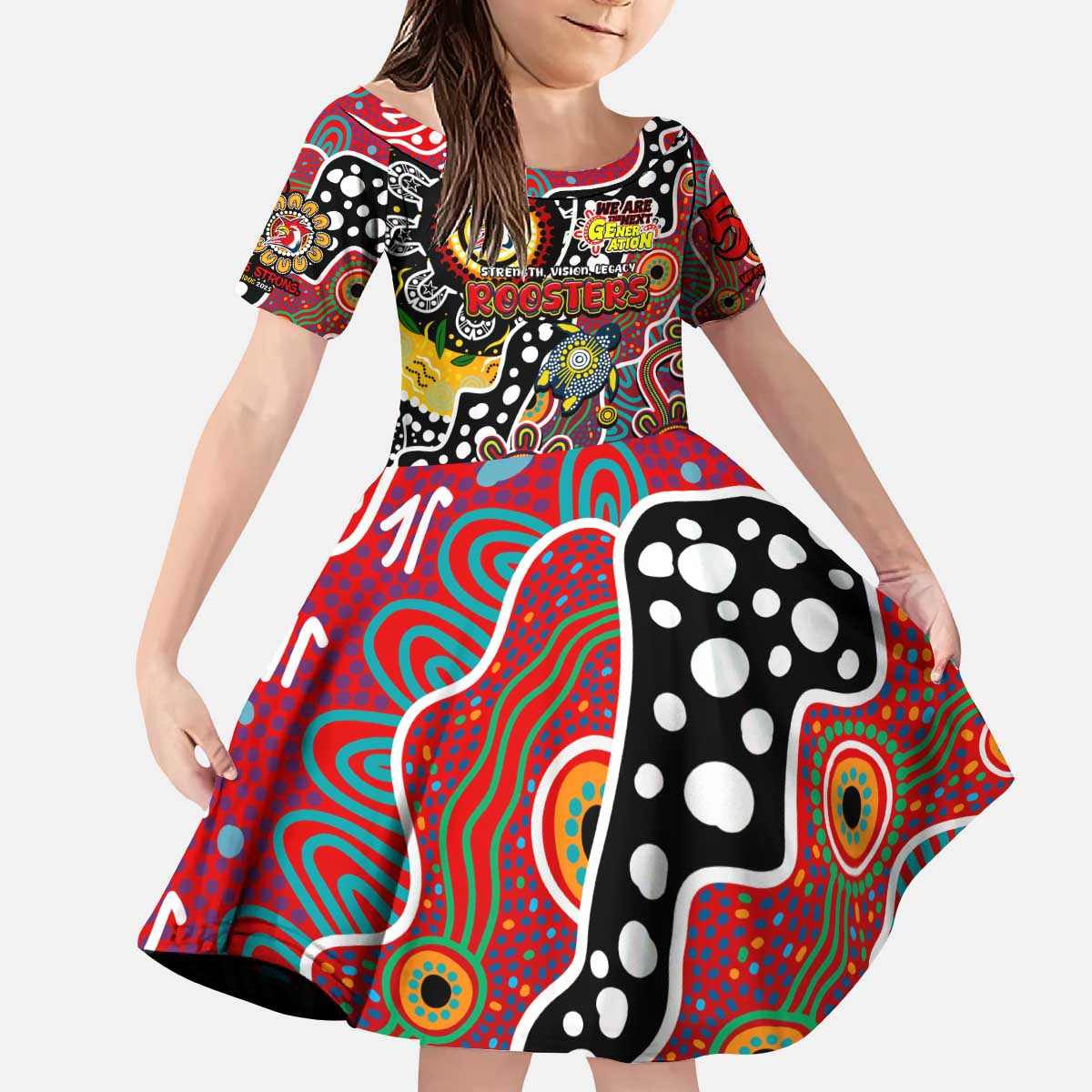 Personalised Roosters NRL Celebrating 50 Years of Naidoc Kid Short Sleeve Dress NAIDOC Week 2025 Aboriginal