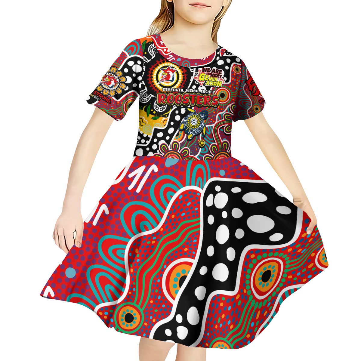 Personalised Roosters NRL Celebrating 50 Years of Naidoc Kid Short Sleeve Dress NAIDOC Week 2025 Aboriginal