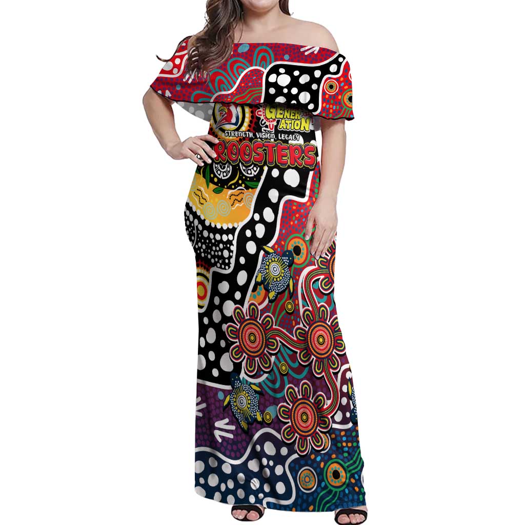 Personalised Roosters NRL Celebrating 50 Years of Naidoc Off Shoulder Maxi Dress NAIDOC Week 2025 Aboriginal