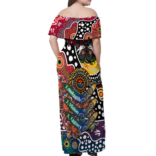 Personalised Roosters NRL Celebrating 50 Years of Naidoc Off Shoulder Maxi Dress NAIDOC Week 2025 Aboriginal