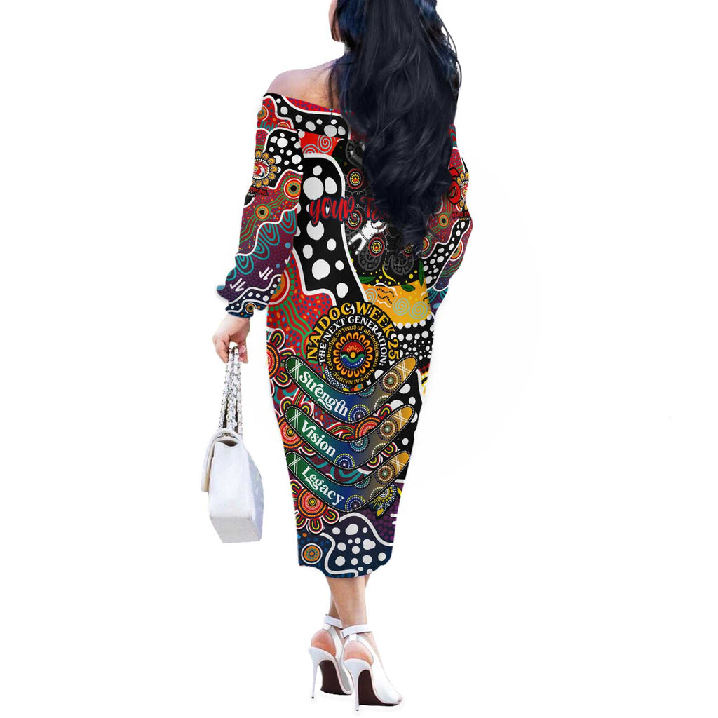 Personalised Roosters NRL Celebrating 50 Years of Naidoc Off The Shoulder Long Sleeve Dress NAIDOC Week 2025 Aboriginal
