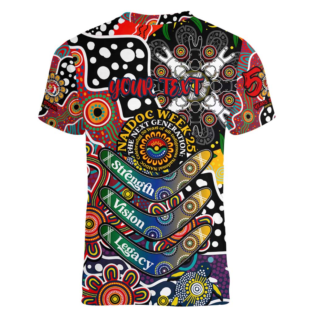 Personalised Roosters NRL Celebrating 50 Years of Naidoc Women V-Neck T-Shirt NAIDOC Week 2025 Aboriginal
