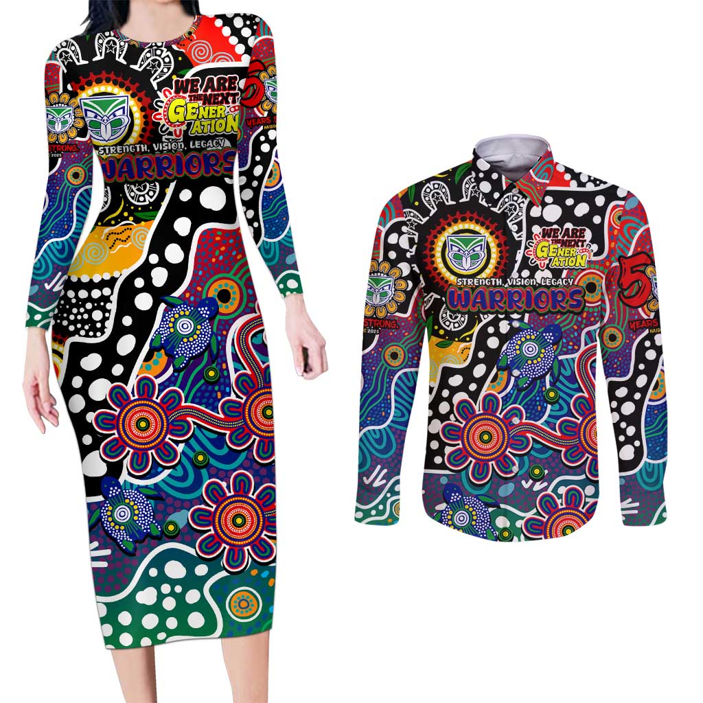 Personalised New Zealand Warriors NRL Celebrating 50 Years of Naidoc Couples Matching Long Sleeve Bodycon Dress and Long Sleeve Button Shirt NAIDOC Week 2025 Aboriginal