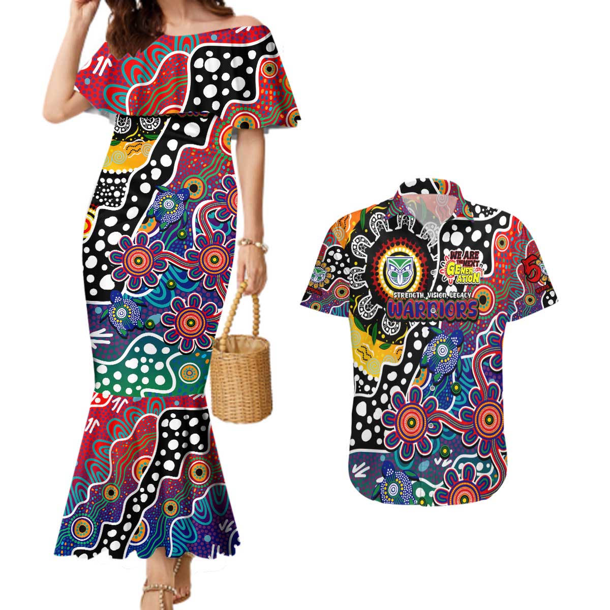 Personalised New Zealand Warriors NRL Celebrating 50 Years of Naidoc Couples Matching Mermaid Dress and Hawaiian Shirt NAIDOC Week 2025 Aboriginal