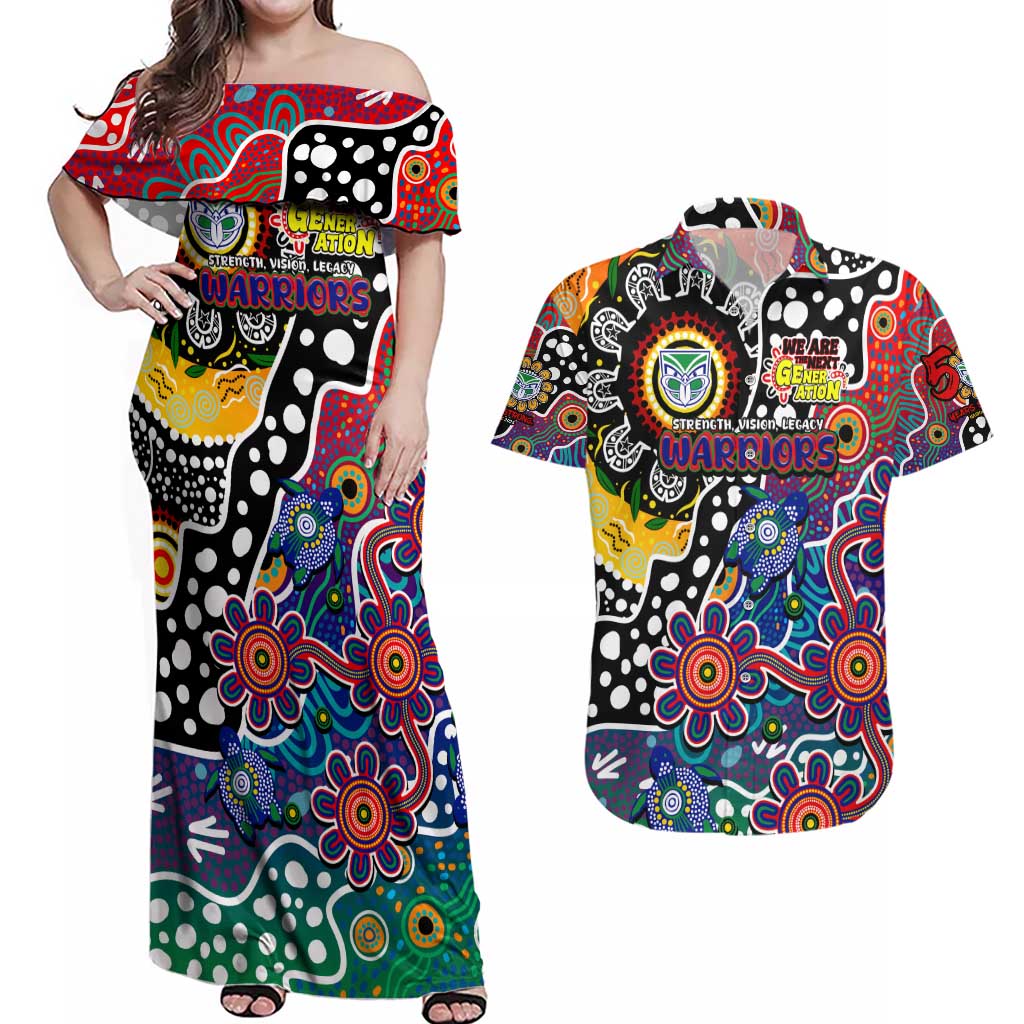 Personalised New Zealand Warriors NRL Celebrating 50 Years of Naidoc Couples Matching Off Shoulder Maxi Dress and Hawaiian Shirt NAIDOC Week 2025 Aboriginal