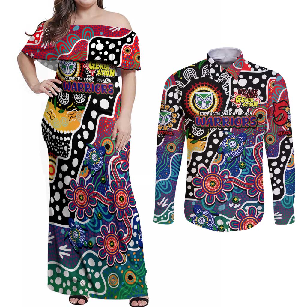 Personalised New Zealand Warriors NRL Celebrating 50 Years of Naidoc Couples Matching Off Shoulder Maxi Dress and Long Sleeve Button Shirt NAIDOC Week 2025 Aboriginal
