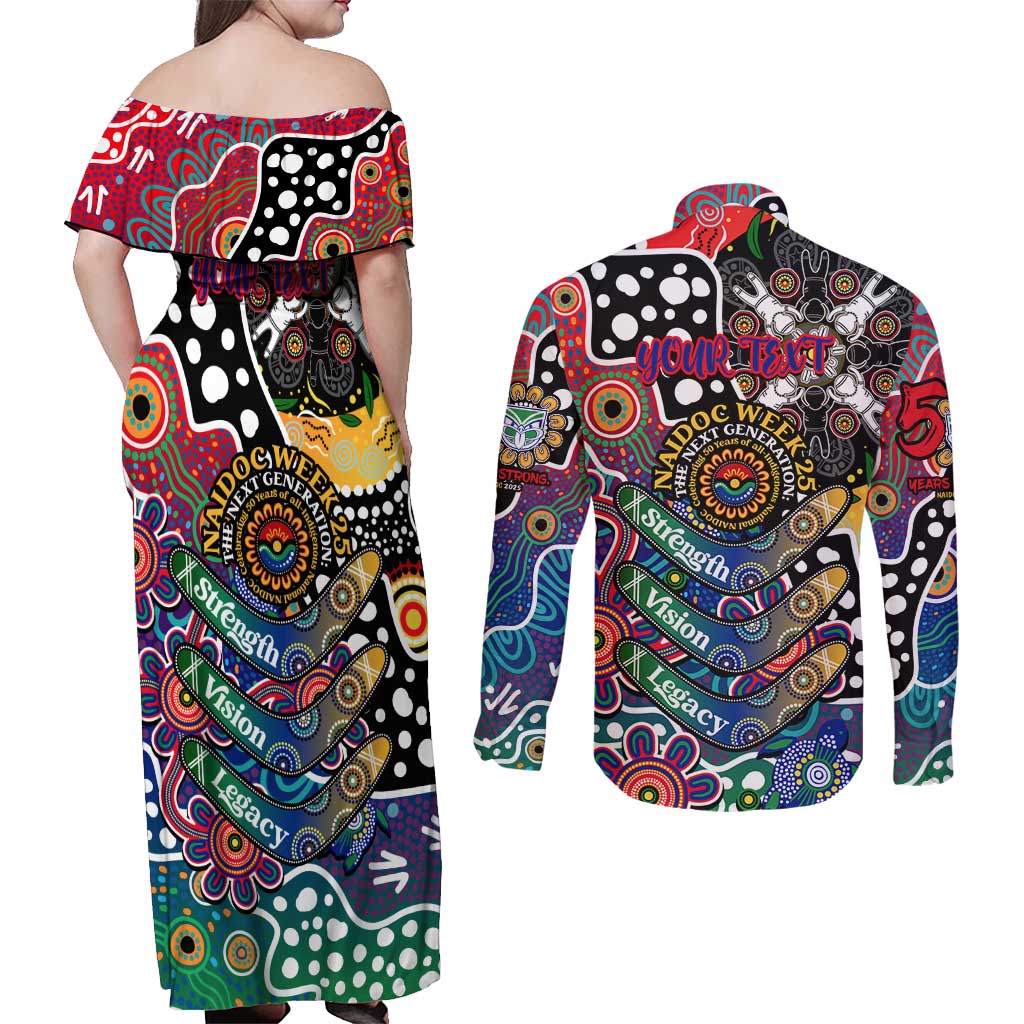 Personalised New Zealand Warriors NRL Celebrating 50 Years of Naidoc Couples Matching Off Shoulder Maxi Dress and Long Sleeve Button Shirt NAIDOC Week 2025 Aboriginal