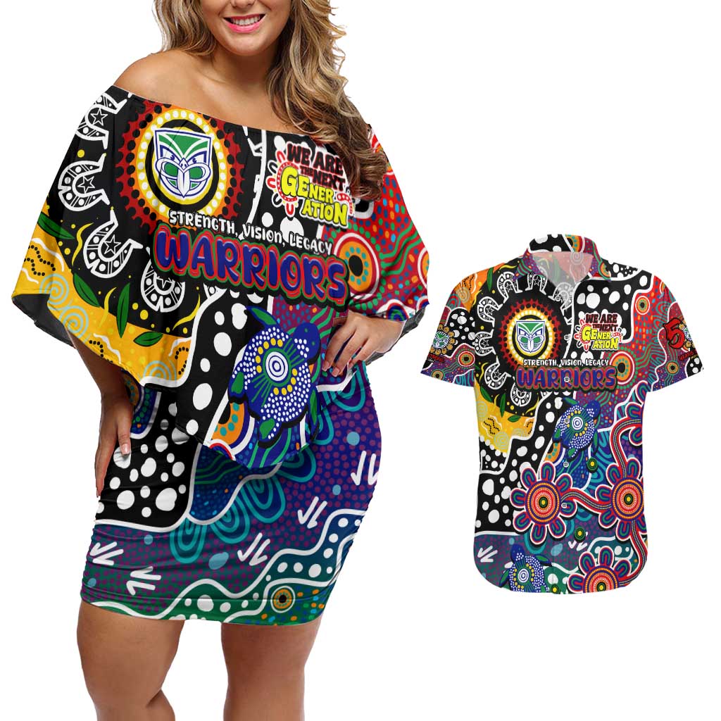 Personalised New Zealand Warriors NRL Celebrating 50 Years of Naidoc Couples Matching Off Shoulder Short Dress and Hawaiian Shirt NAIDOC Week 2025 Aboriginal