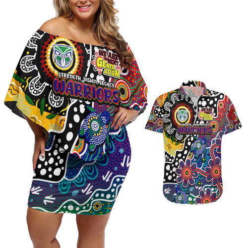 Personalised New Zealand Warriors NRL Celebrating 50 Years of Naidoc Couples Matching Off Shoulder Short Dress and Hawaiian Shirt NAIDOC Week 2025 Aboriginal