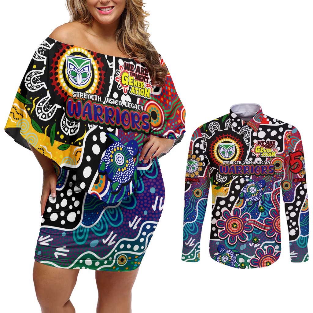 Personalised New Zealand Warriors NRL Celebrating 50 Years of Naidoc Couples Matching Off Shoulder Short Dress and Long Sleeve Button Shirt NAIDOC Week 2025 Aboriginal