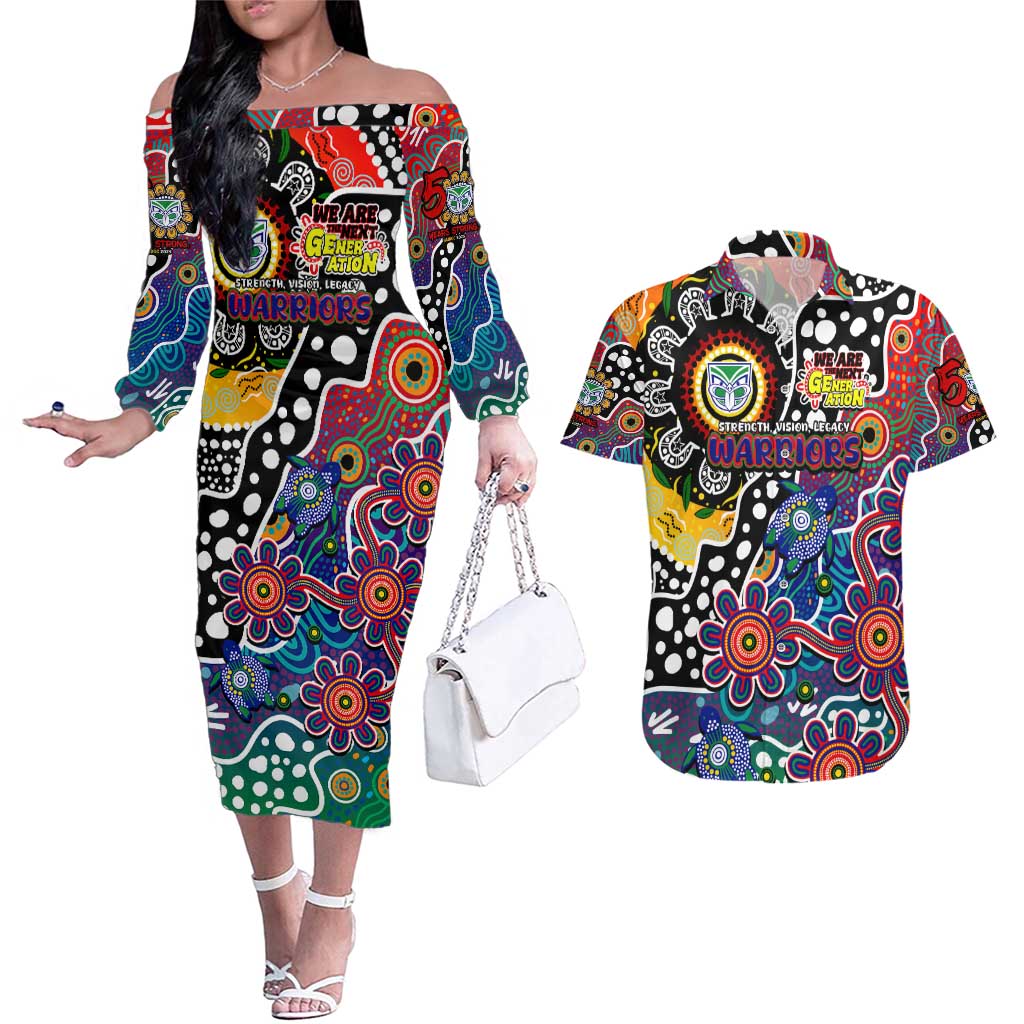 Personalised New Zealand Warriors NRL Celebrating 50 Years of Naidoc Couples Matching Off The Shoulder Long Sleeve Dress and Hawaiian Shirt NAIDOC Week 2025 Aboriginal