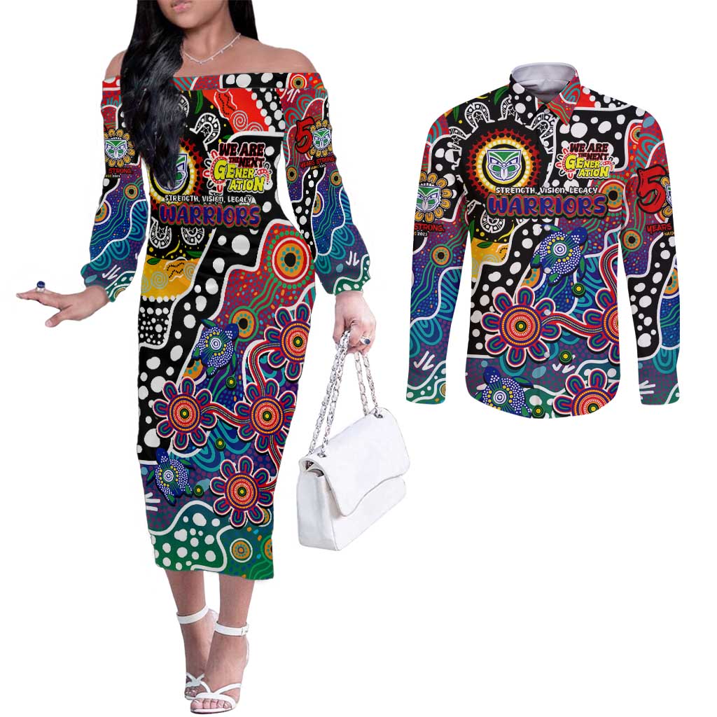 Personalised New Zealand Warriors NRL Celebrating 50 Years of Naidoc Couples Matching Off The Shoulder Long Sleeve Dress and Long Sleeve Button Shirt NAIDOC Week 2025 Aboriginal